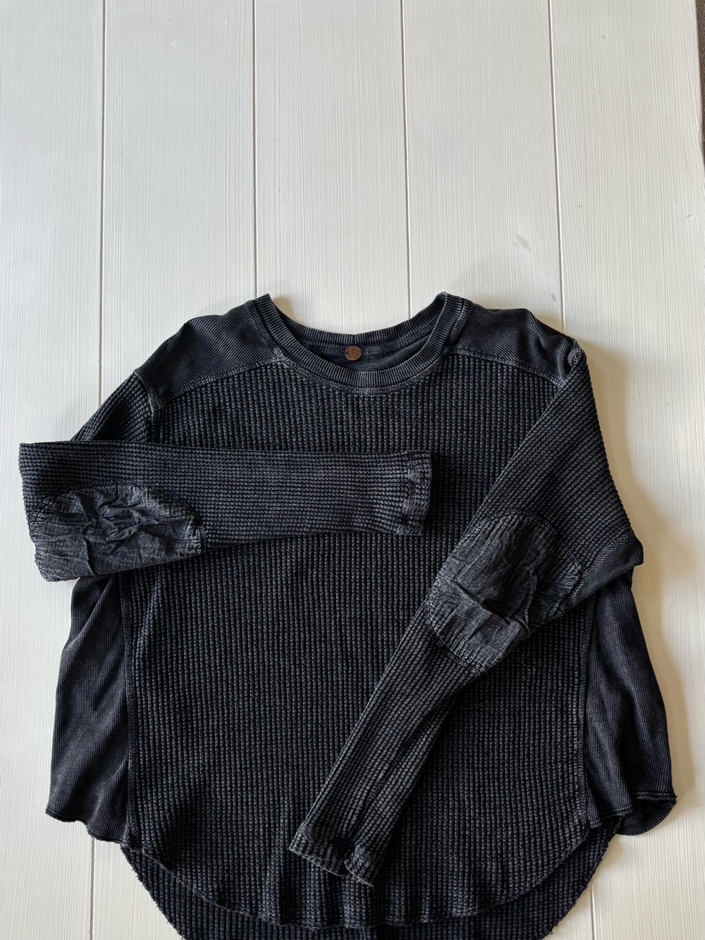 Free People Black Washed Thermal Long Sleeve Top